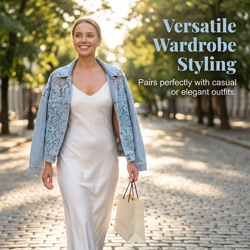 🔥 Locker sitzende Damenjeansjacke mit Blumenmuster und Spitzen-Patchwork – verspielter Boho-Look, bequem & einzigartig – perfekt für Alltag, Ausflüge & Layering