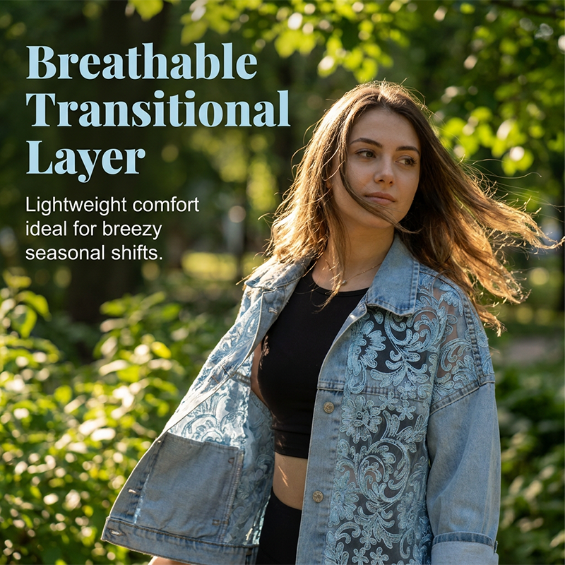 🔥 Locker sitzende Damenjeansjacke mit Blumenmuster und Spitzen-Patchwork – verspielter Boho-Look, bequem & einzigartig – perfekt für Alltag, Ausflüge & Layering
