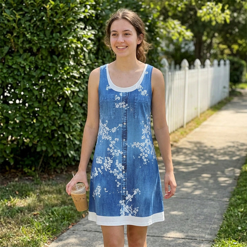 Zweiteiliges Damenkleid aus Kunstleder mit Jeansprint