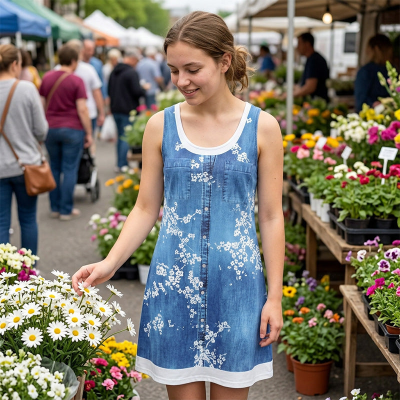 Zweiteiliges Damenkleid aus Kunstleder mit Jeansprint