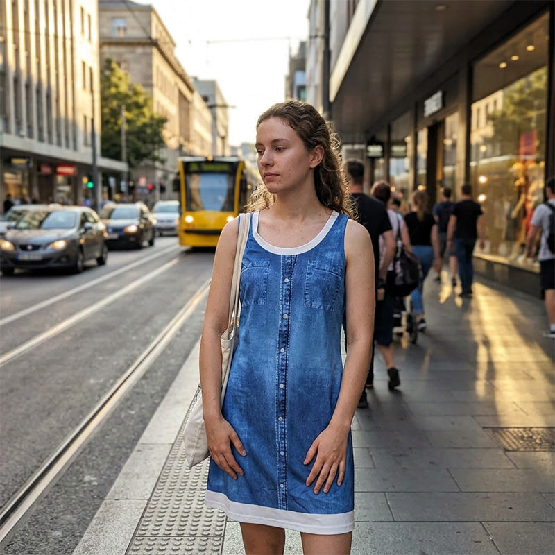 Zweiteiliges Damenkleid aus Kunstleder mit Jeansprint
