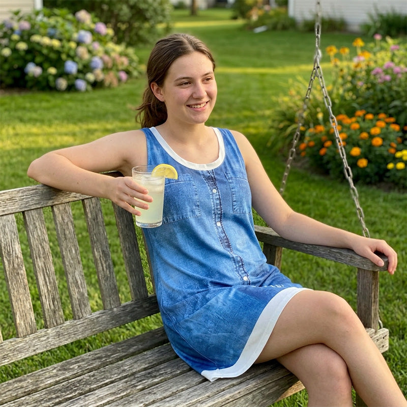 Zweiteiliges Damenkleid aus Kunstleder mit Jeansprint