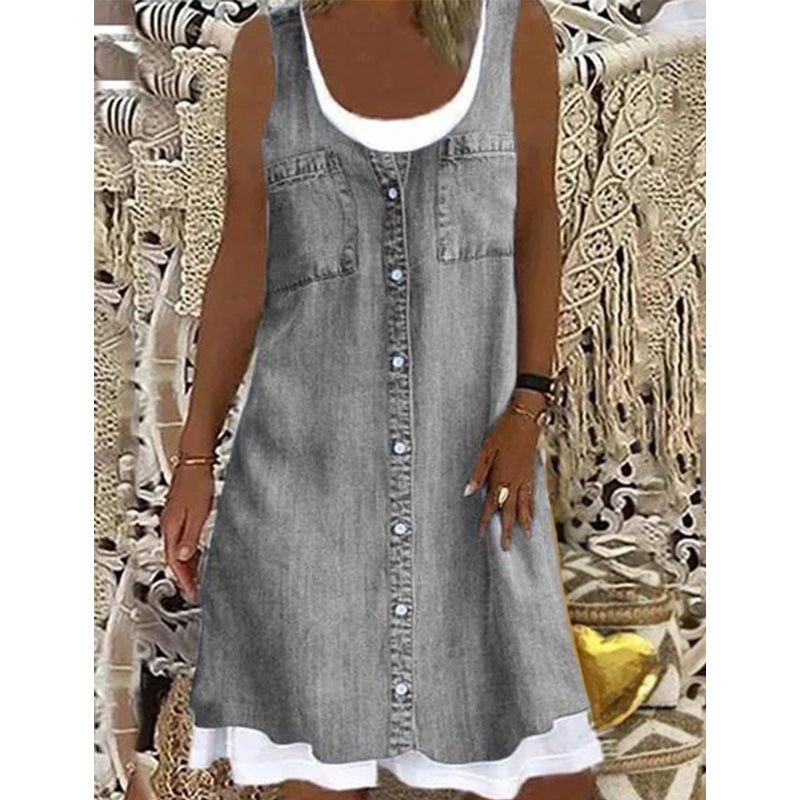 Zweiteiliges Damenkleid aus Kunstleder mit Jeansprint