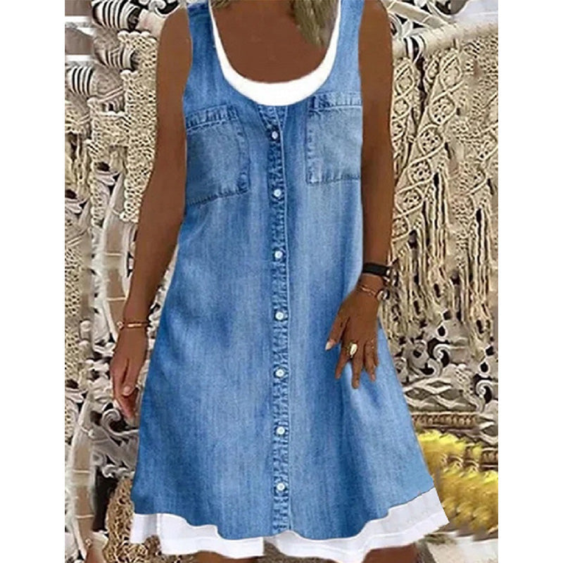 Zweiteiliges Damenkleid aus Kunstleder mit Jeansprint