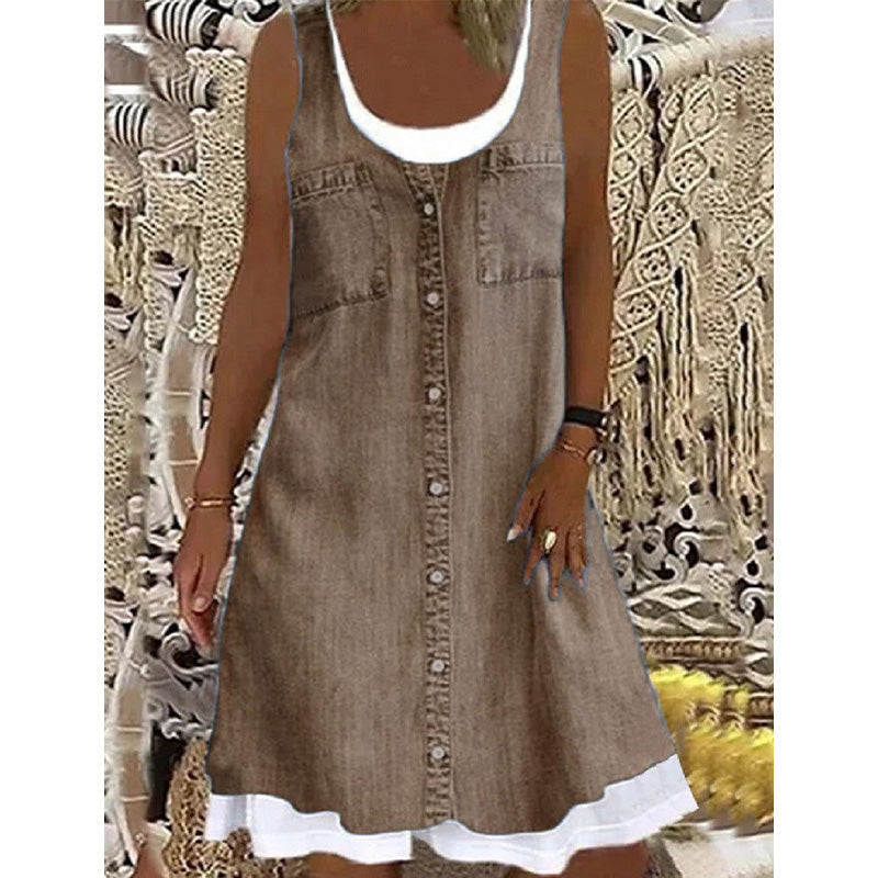 Zweiteiliges Damenkleid aus Kunstleder mit Jeansprint
