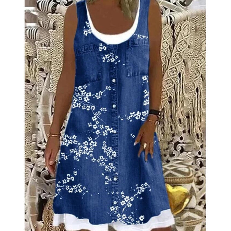 Zweiteiliges Damenkleid aus Kunstleder mit Jeansprint