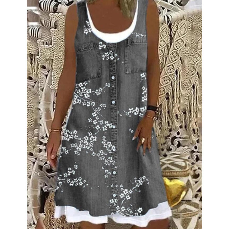 Zweiteiliges Damenkleid aus Kunstleder mit Jeansprint