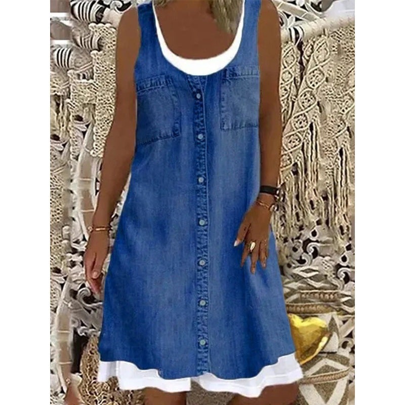 Zweiteiliges Damenkleid aus Kunstleder mit Jeansprint
