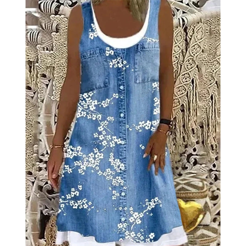 Zweiteiliges Damenkleid aus Kunstleder mit Jeansprint