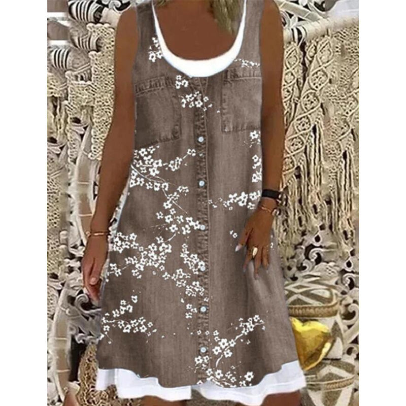Zweiteiliges Damenkleid aus Kunstleder mit Jeansprint