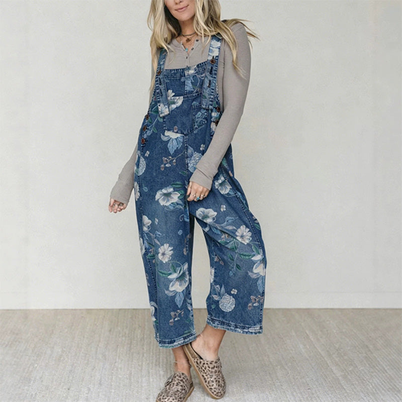 Vintage-Jeans-Latzhose für Damen mit Blumenmuster