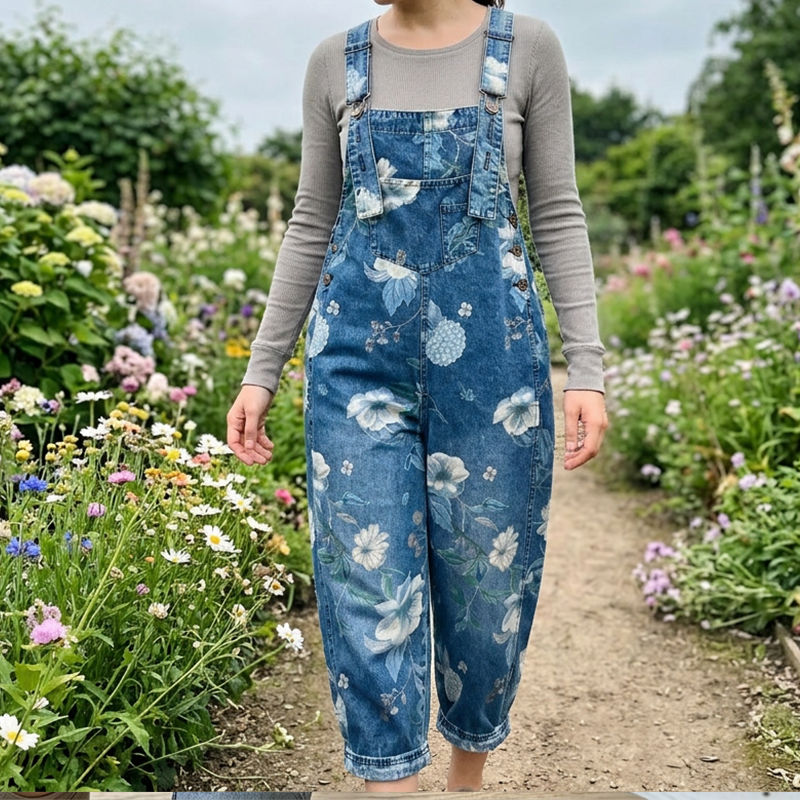 Vintage-Jeans-Latzhose für Damen mit Blumenmuster