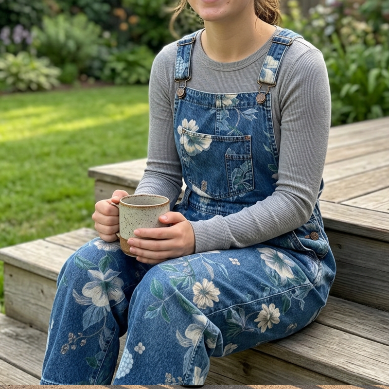 Vintage-Jeans-Latzhose für Damen mit Blumenmuster