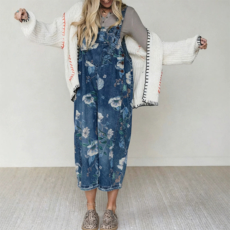 Vintage-Jeans-Latzhose für Damen mit Blumenmuster