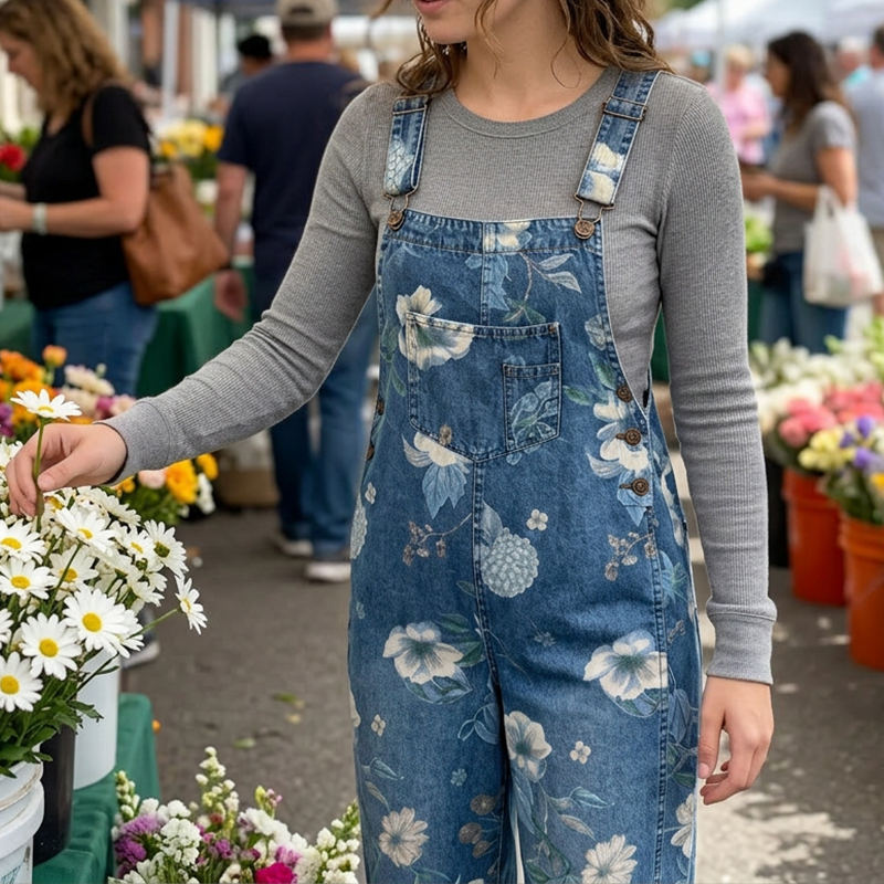 Vintage-Jeans-Latzhose für Damen mit Blumenmuster