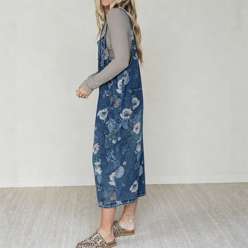 Vintage-Jeans-Latzhose für Damen mit Blumenmuster