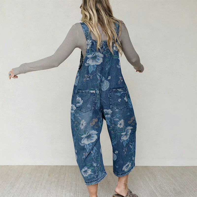 Vintage-Jeans-Latzhose für Damen mit Blumenmuster