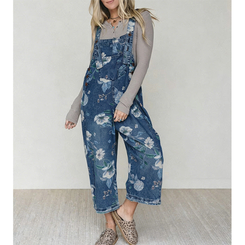 Vintage-Jeans-Latzhose für Damen mit Blumenmuster