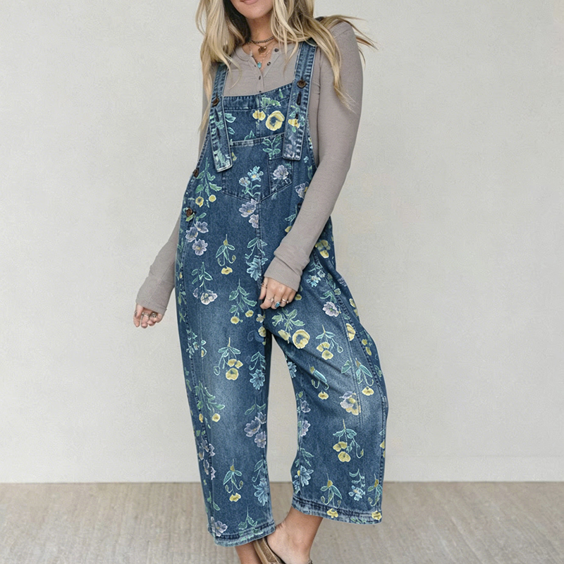 Vintage-Jeans-Latzhose für Damen mit Blumenmuster