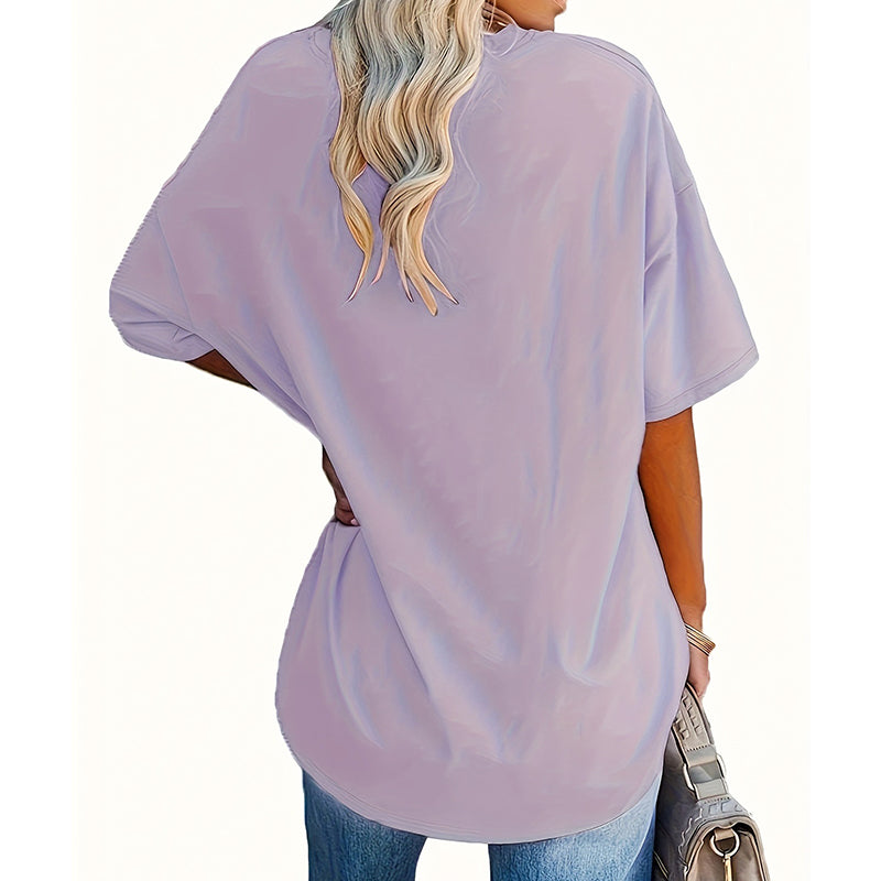 Damen-T-Shirt in Übergröße mit Rosenmuster und V-Ausschnitt