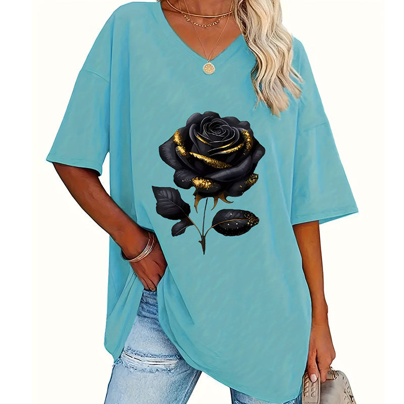 Damen-T-Shirt in Übergröße mit Rosenmuster und V-Ausschnitt