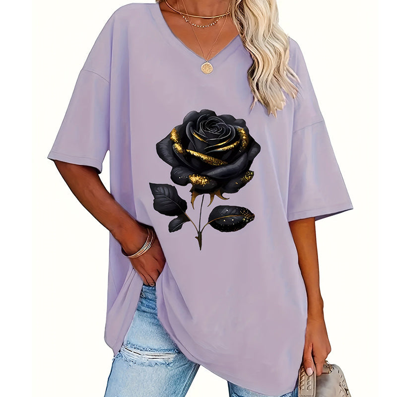 Damen-T-Shirt in Übergröße mit Rosenmuster und V-Ausschnitt