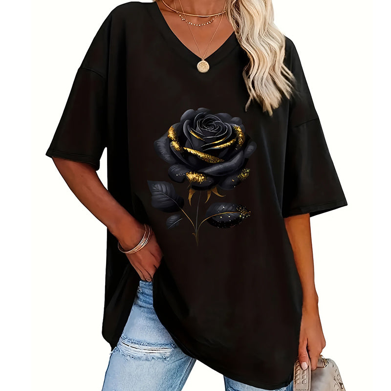 Damen-T-Shirt in Übergröße mit Rosenmuster und V-Ausschnitt