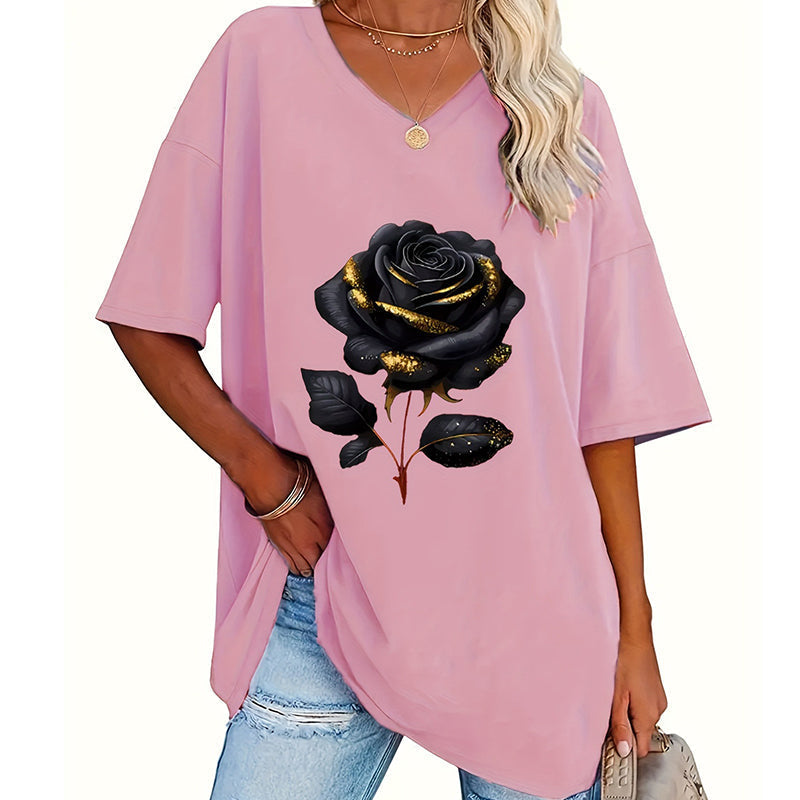 Damen-T-Shirt in Übergröße mit Rosenmuster und V-Ausschnitt