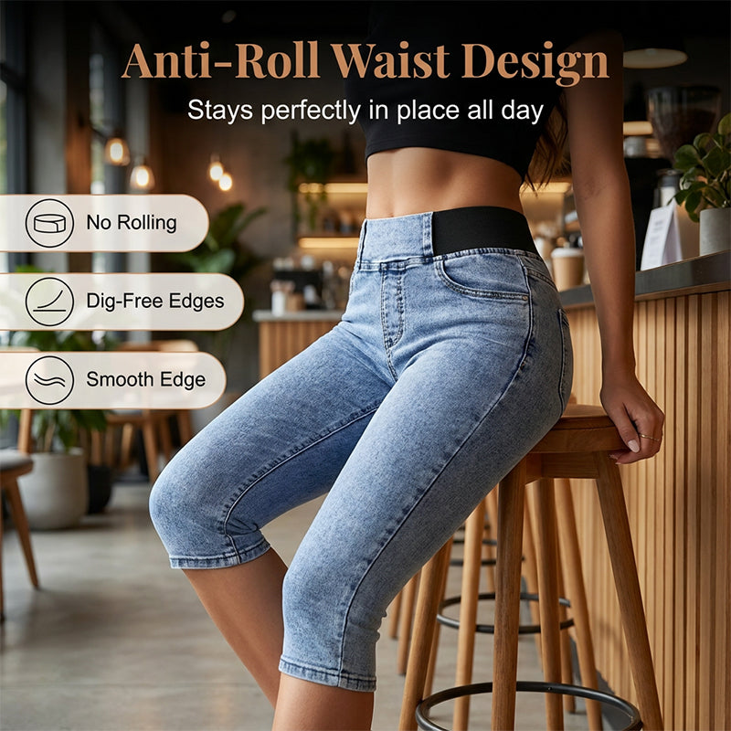 Damen hochtaillierte Denim-Caprihosen mit elastischem Bund – verkürzte Jeans