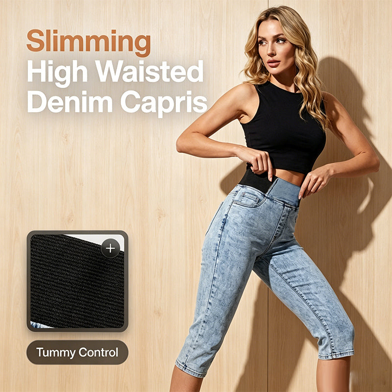 Damen hochtaillierte Denim-Caprihosen mit elastischem Bund – verkürzte Jeans