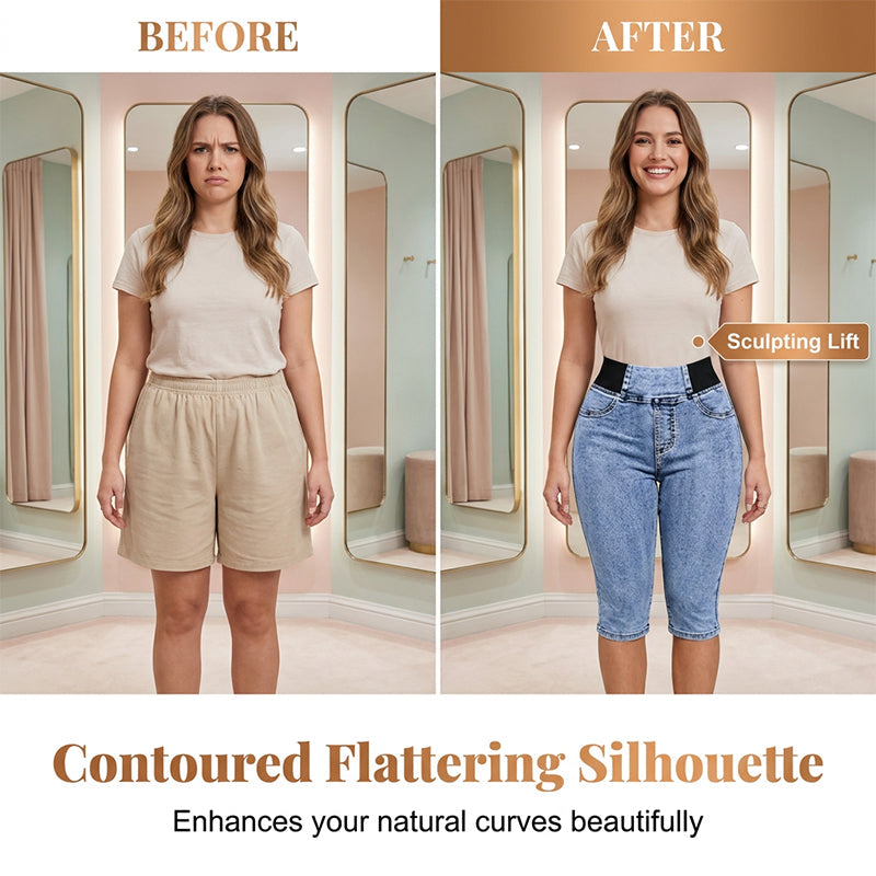Damen hochtaillierte Denim-Caprihosen mit elastischem Bund – verkürzte Jeans