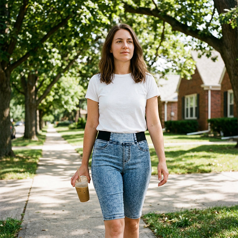 Damen hochtaillierte Denim-Caprihosen mit elastischem Bund – verkürzte Jeans