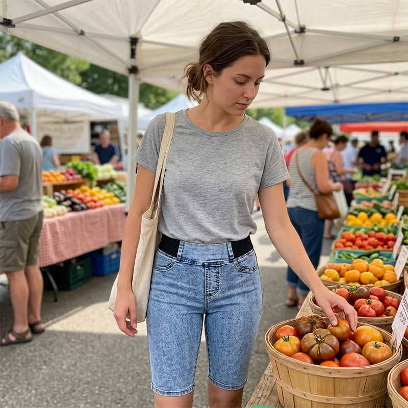 Damen hochtaillierte Denim-Caprihosen mit elastischem Bund – verkürzte Jeans