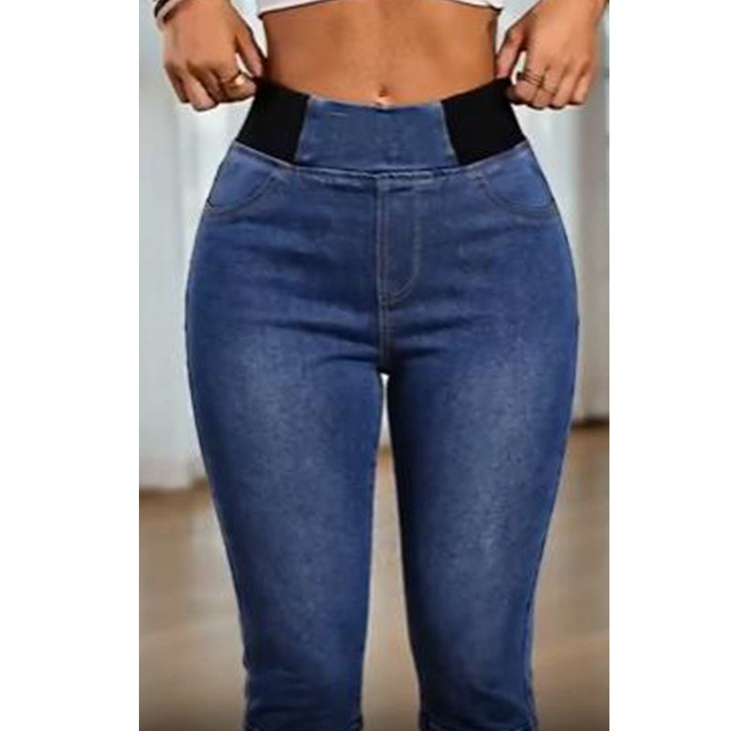 Damen hochtaillierte Denim-Caprihosen mit elastischem Bund – verkürzte Jeans
