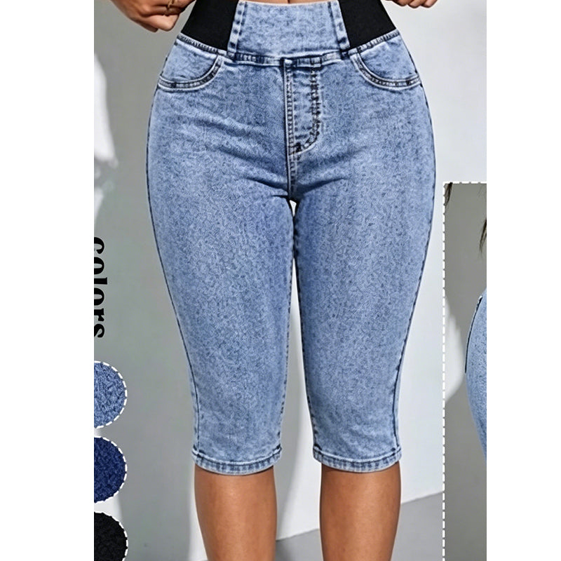 Damen hochtaillierte Denim-Caprihosen mit elastischem Bund – verkürzte Jeans