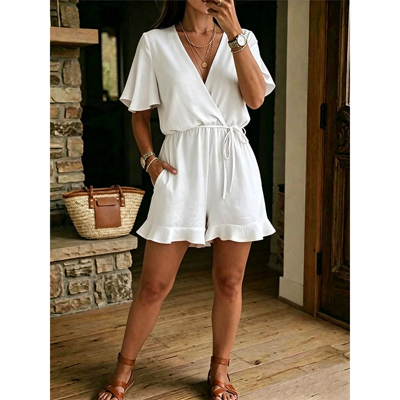 Lässiger kurzer Jumpsuit für Damen mit V-Ausschnitt und Kordelzug