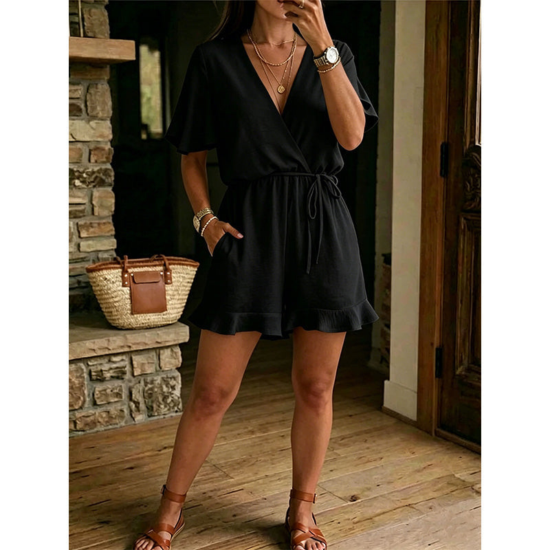 Lässiger kurzer Jumpsuit für Damen mit V-Ausschnitt und Kordelzug