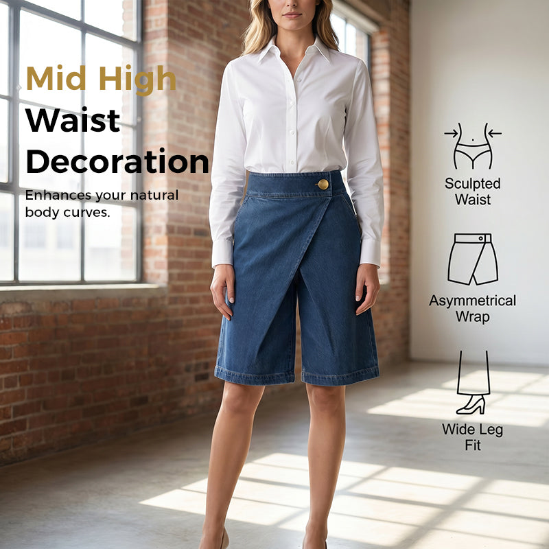 🩳 50% RABATT! ⏰ Modische asymmetrische Damen Shorts aus Jeans-Stoff – Wickel-Front Design & elastischer Stoff – Praktische Seitentaschen – perfekt für Stadt und Sommerausflüge ✨