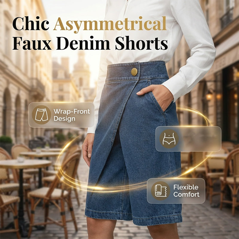 🩳 50% RABATT! ⏰ Modische asymmetrische Damen Shorts aus Jeans-Stoff – Wickel-Front Design & elastischer Stoff – Praktische Seitentaschen – perfekt für Stadt und Sommerausflüge ✨