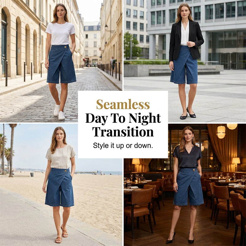 🩳 50% RABATT! ⏰ Modische asymmetrische Damen Shorts aus Jeans-Stoff – Wickel-Front Design & elastischer Stoff – Praktische Seitentaschen – perfekt für Stadt und Sommerausflüge ✨