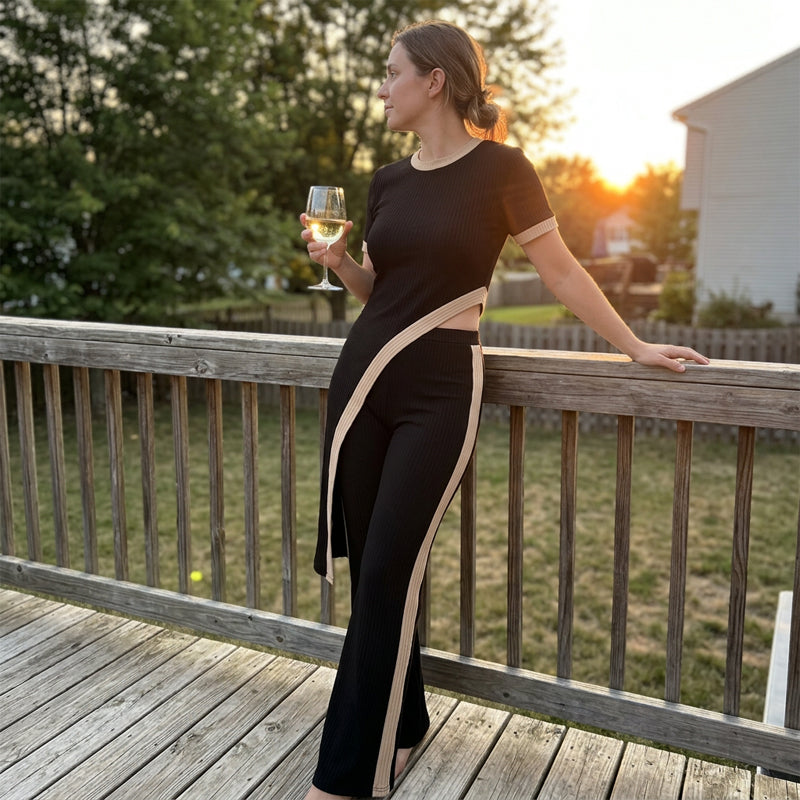 Damen Set aus Kurzarm-Oberteil & ausgestellter Hose