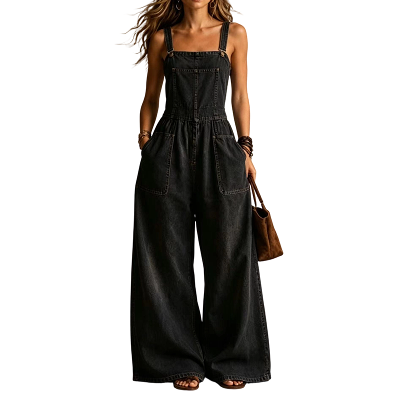 Damen Sommer lockerer Denim-Jumpsuit mit Taschen