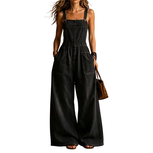 Damen Sommer lockerer Denim-Jumpsuit mit Taschen