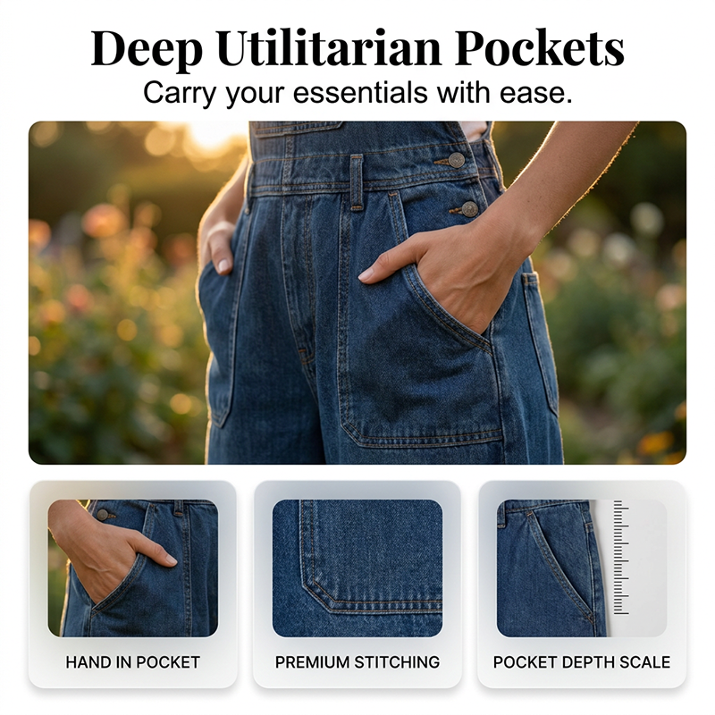 Damen Sommer lockerer Denim-Jumpsuit mit Taschen