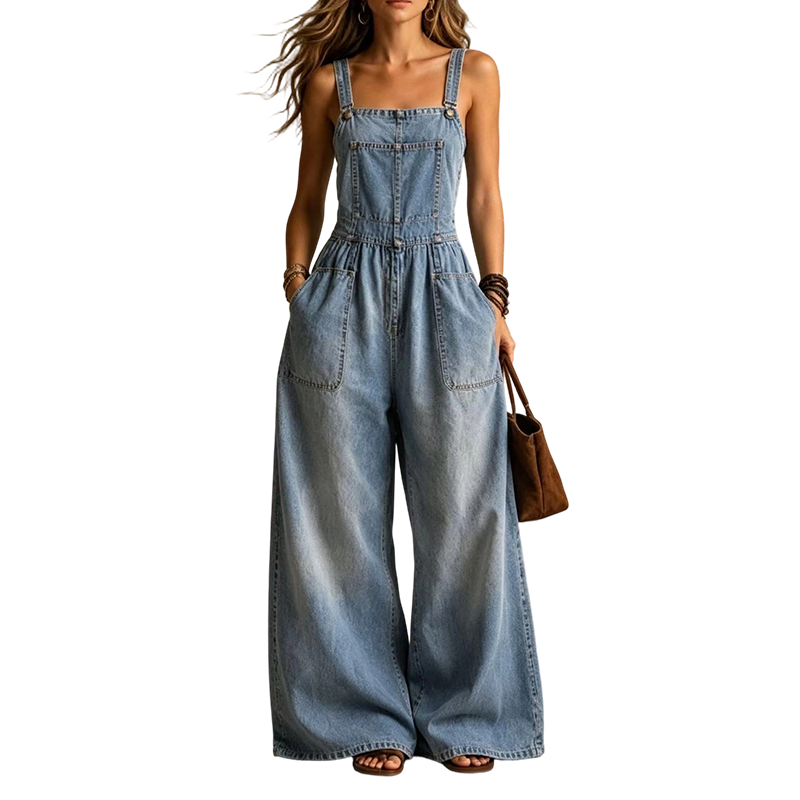 Damen Sommer lockerer Denim-Jumpsuit mit Taschen