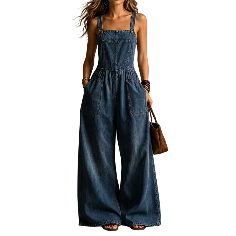 Damen Sommer lockerer Denim-Jumpsuit mit Taschen