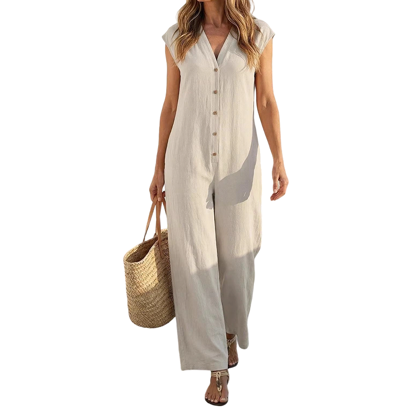 👗☀️Damen Sommer ärmelloser Knopf-Jumpsuit – Mühelose Sommer-Eleganz ✨