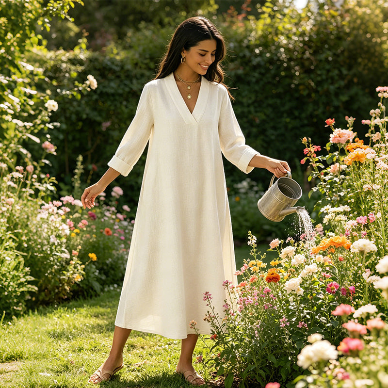 🔥Neuheiten jetzt im Angebot – Damenkleid mit V-Ausschnitt aus Baumwolle und Leinen im A-Linien-Schnitt