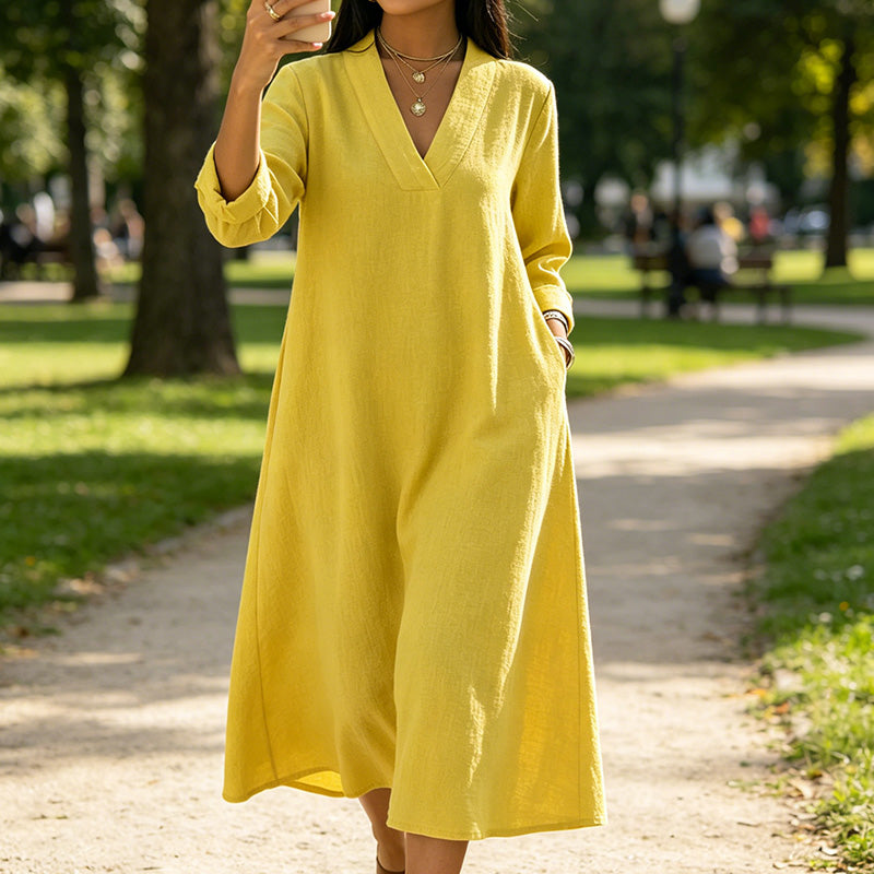 🔥Neuheiten jetzt im Angebot – Damenkleid mit V-Ausschnitt aus Baumwolle und Leinen im A-Linien-Schnitt