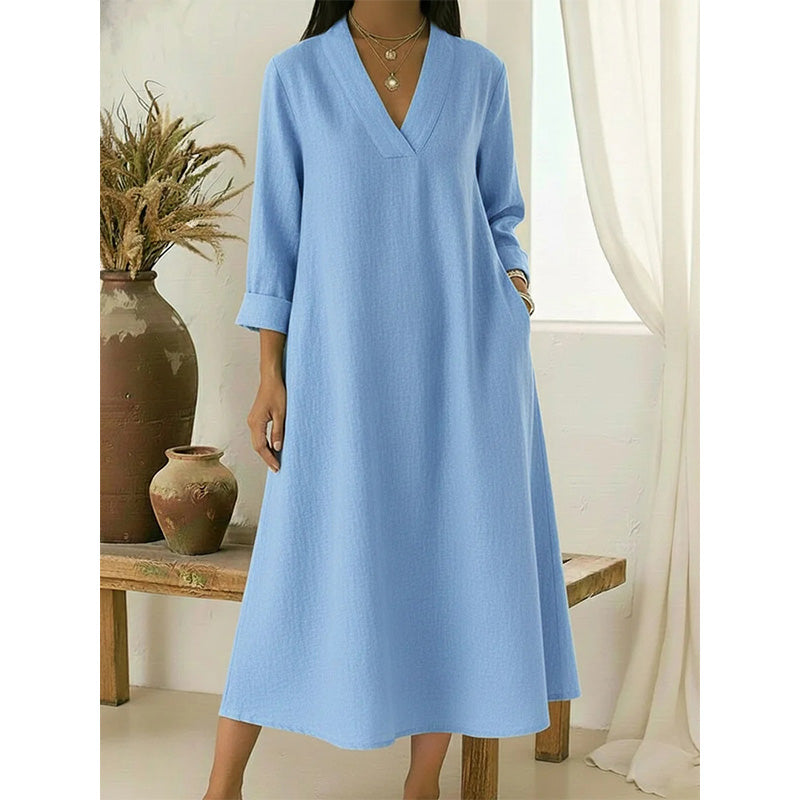 🔥Neuheiten jetzt im Angebot – Damenkleid mit V-Ausschnitt aus Baumwolle und Leinen im A-Linien-Schnitt
